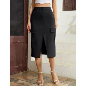 cargo Black Pencil Skirt with Front Slit